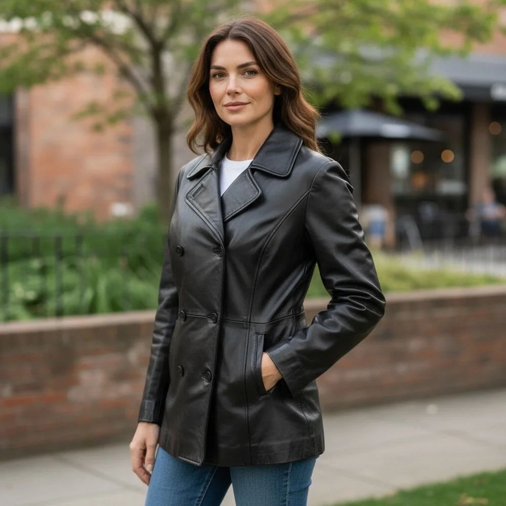 Mantique Black Double-Breasted Leather Jacket, quilted lining, pockets Sz Med 🇨🇦 - Picture 10 of 10